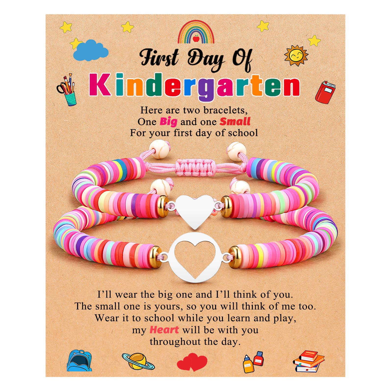 First Day of Kindergarten/Pre K/School Mother Daughter Bracelets Matching Heart Wish Bracelet Set for 2 Gifts