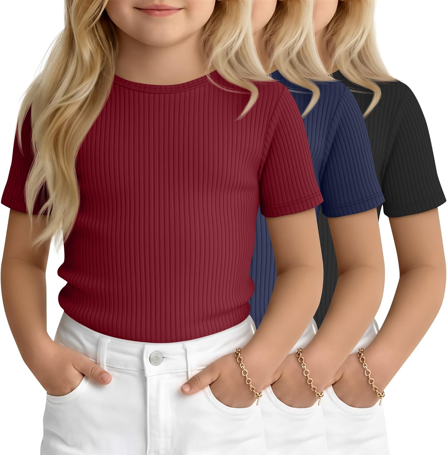 3 Pack Toddler Girls' Ribbed Shirts Short Sleeve Crew Neck T Shirts Knit Slim Fit Soft Solid Base Layer Tee 18M-5T