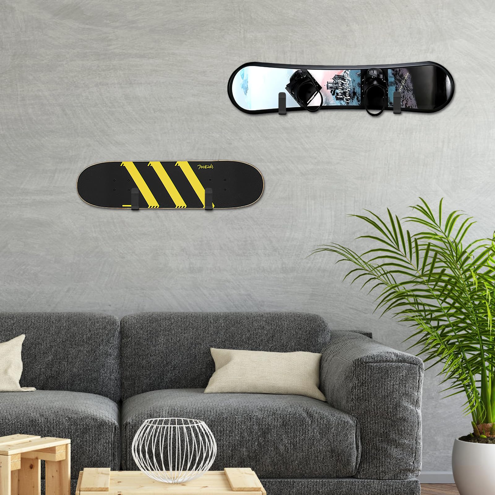 HENGBIRD 2 soportes de pared horizontales para snowboard, soporte de pared para monopatín, longboard, almacenamiento y snowboard + 1 gancho para atornillar