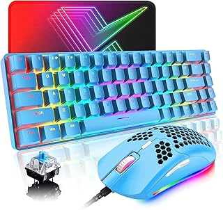 Compact 60% Mechanical Gaming Keyboard and Mouse Combo with Ergonomic Anti-ghosting 68 Key Rainbow RGB Backlight 6400DPI Honeycomb Mice Type-C Wired for PC Mac Gamer Office Typist(Blue/Blue Switch)