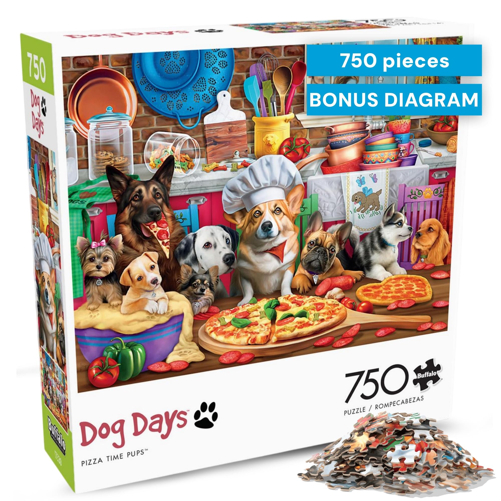 Pizza Time Pups by Brigid Ashwood 750 Piece Jigsaw Puzzle for Adults and Teens Colorful Dogs Kitchen Scene
