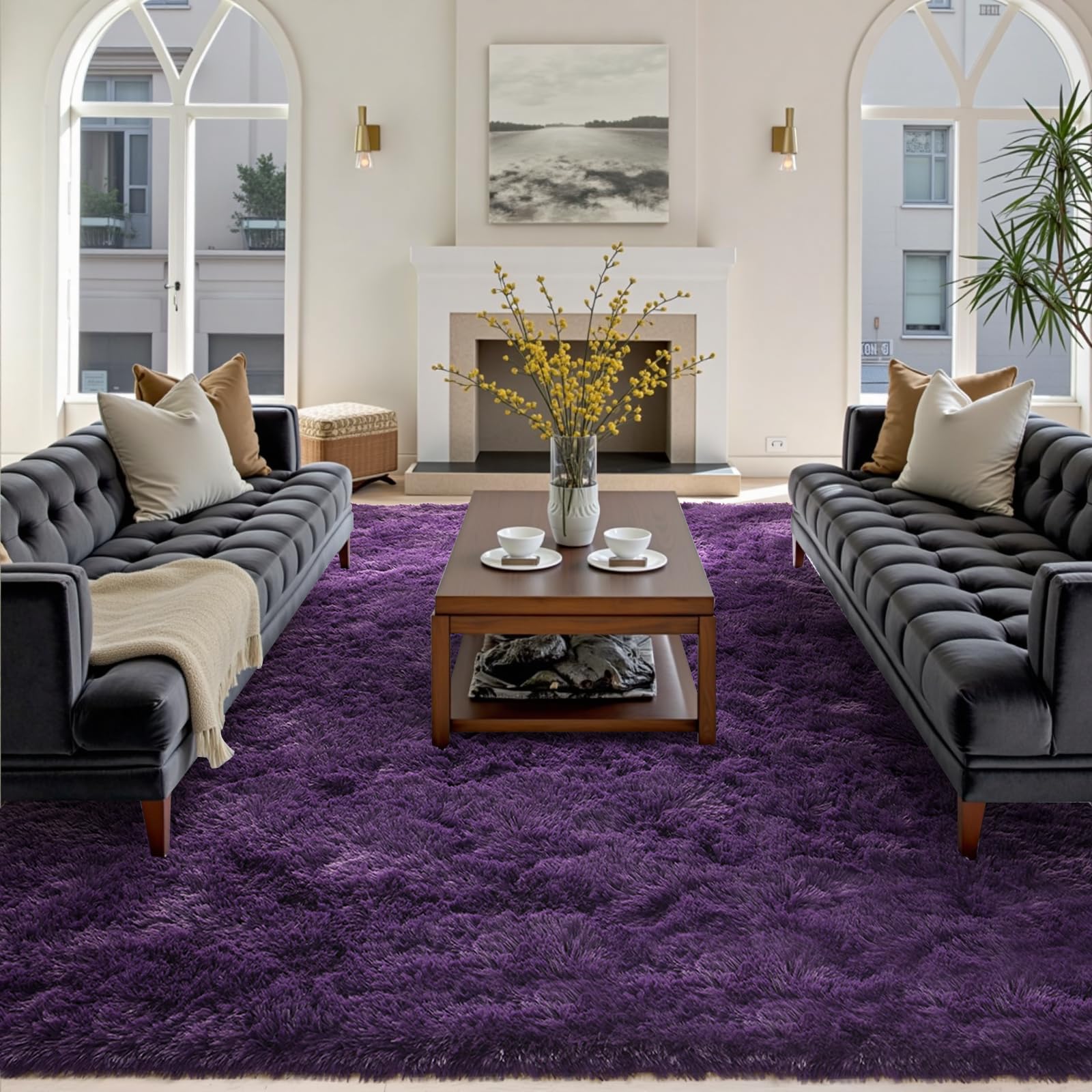 FinRèc 8x10 Fluffy Purple Rugs for Living Room Bedroom, Soft Indoor Fuzzy Shaggy Area Rug, Non-Slip Furry Rug for Teen Girls and Boys, Nursery Kids