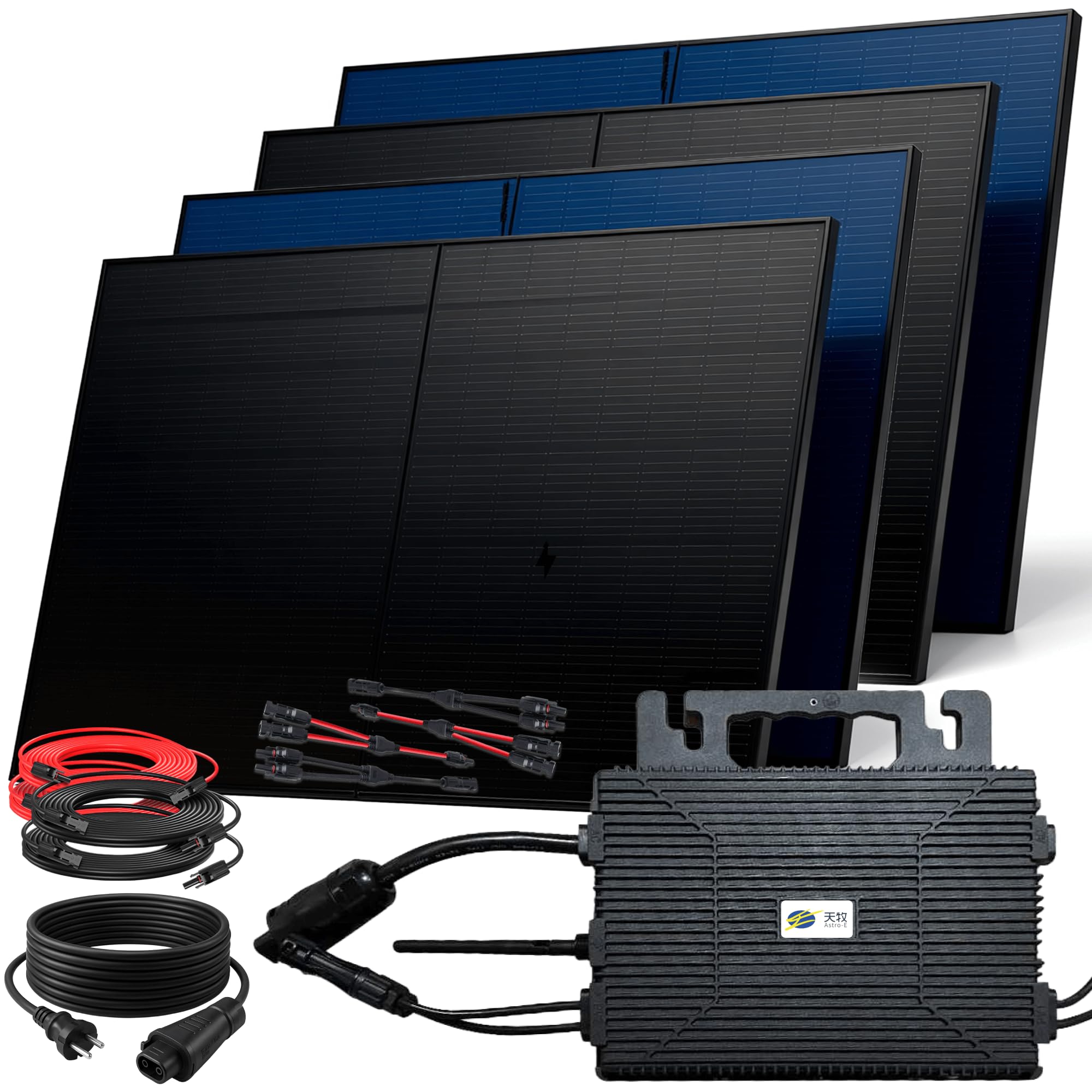 SUNNIVA 2000W Balkonkraftwerk BIFAZIAL FULLBLACK komplett Steckdose ASTRO-E 800W Wechselrichter, PV Solaranlage, 4x 500W Glas Solarmodule, inkl. 5m Kabel, Bluetooth WIFI, Komplettset