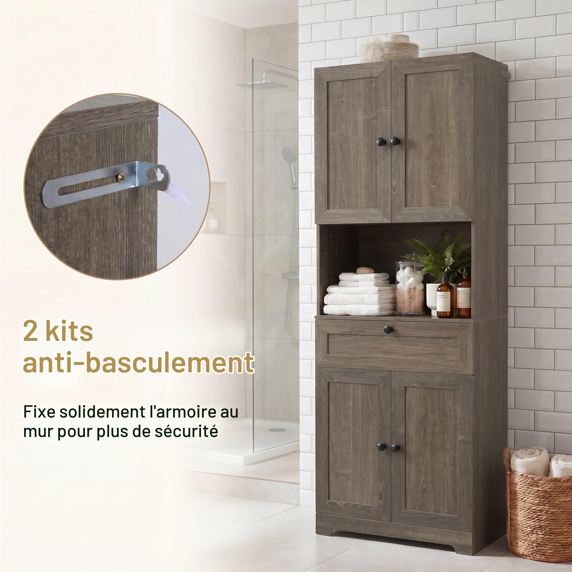 LIFEZEAL Armoire de Salle de Bain Haute, Meuble de Rangement 3 Niveaux en Bois avec 4 Portes, 1 Tiroir, Compartiment Ouvert, Étagère Réglable, Armoire Moderne pour Salle de Bain, Cuisine (Brun Clair)