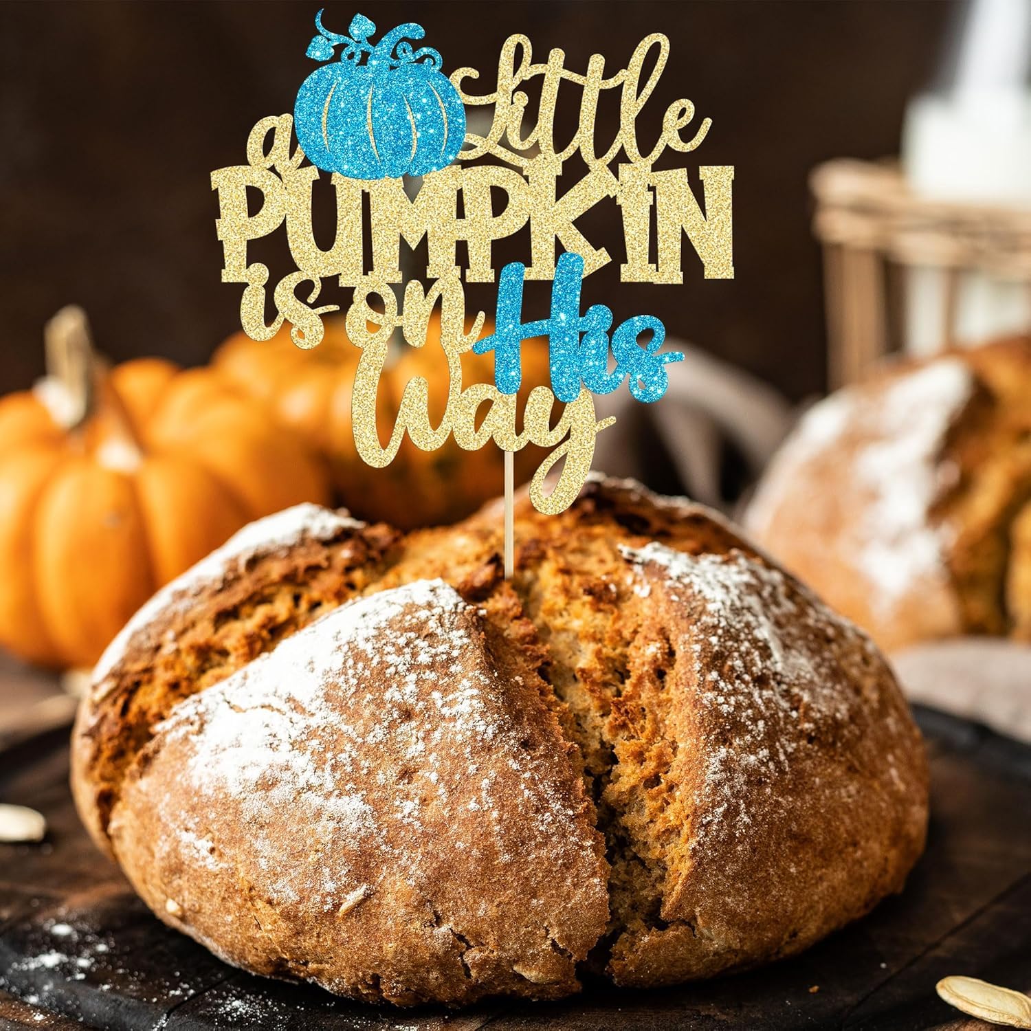 Little Pumpkin is on the Way Cake Topper, Glitter Pumpkin Baby Shower Cake Topper Decorations for Autumn/Halloween Themed Baby Shower Kids Boys Girls Birthday Party (Little Pumpkin on his way) 3