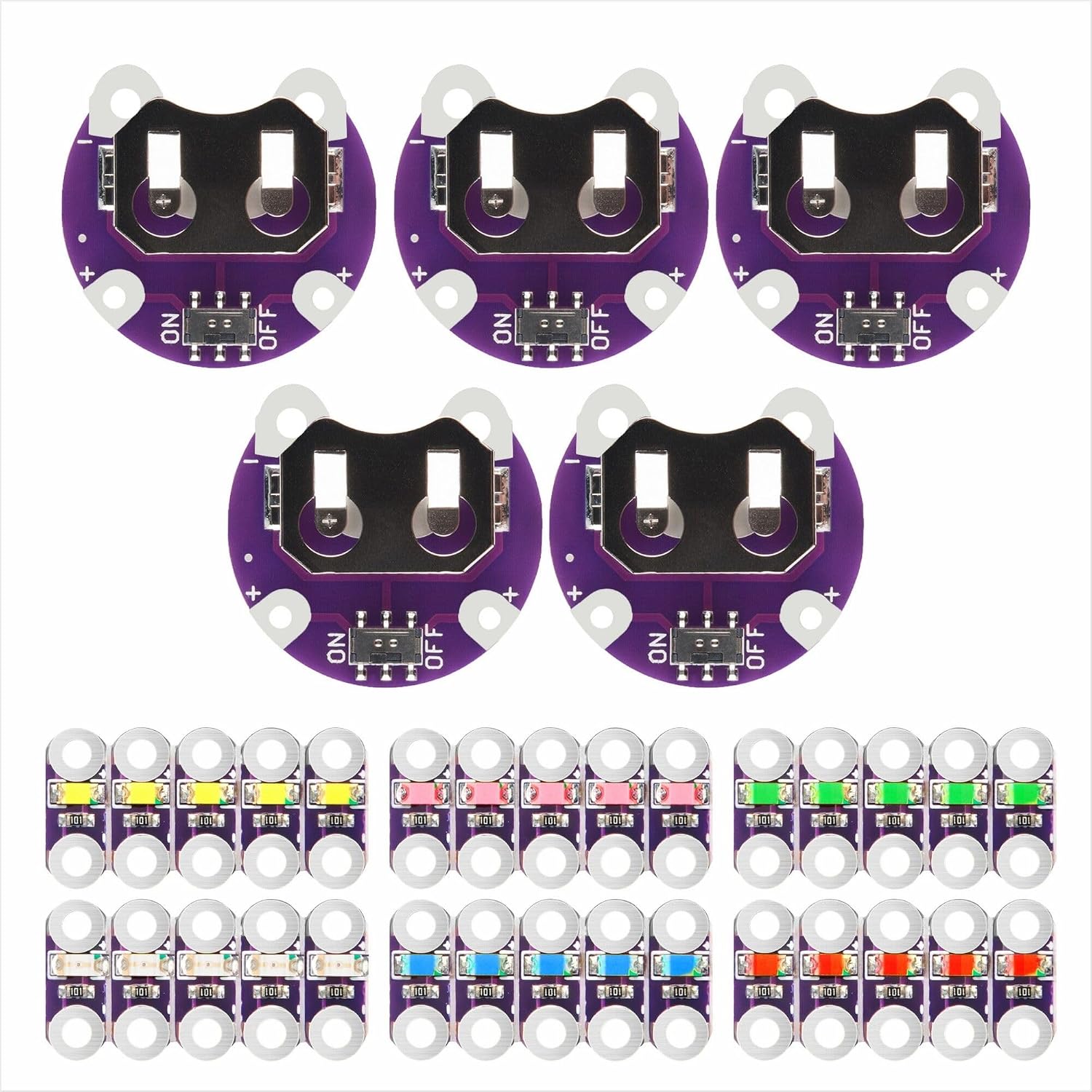 OSOYOO 5X Lilypad Coin Cell Battery Holder+5X Six Color Lilypad LEDs Pink/Red/Yellow/Blue/Green/White for Arduino Raspberry Pi Microcontroller