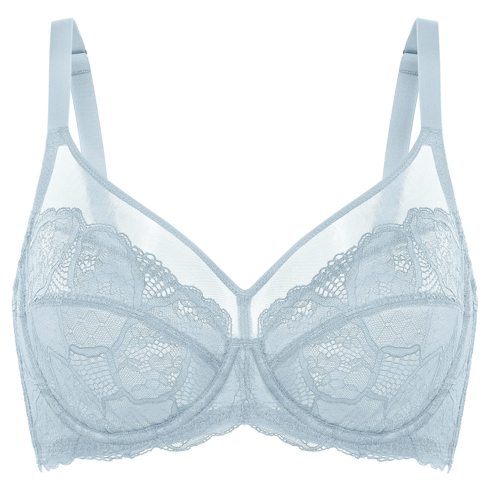 Dobreva Women's Arctic Blue Lace Full Coverage Minimiser Bra Unlined Underwire See Through Plus Size Bra 40C
