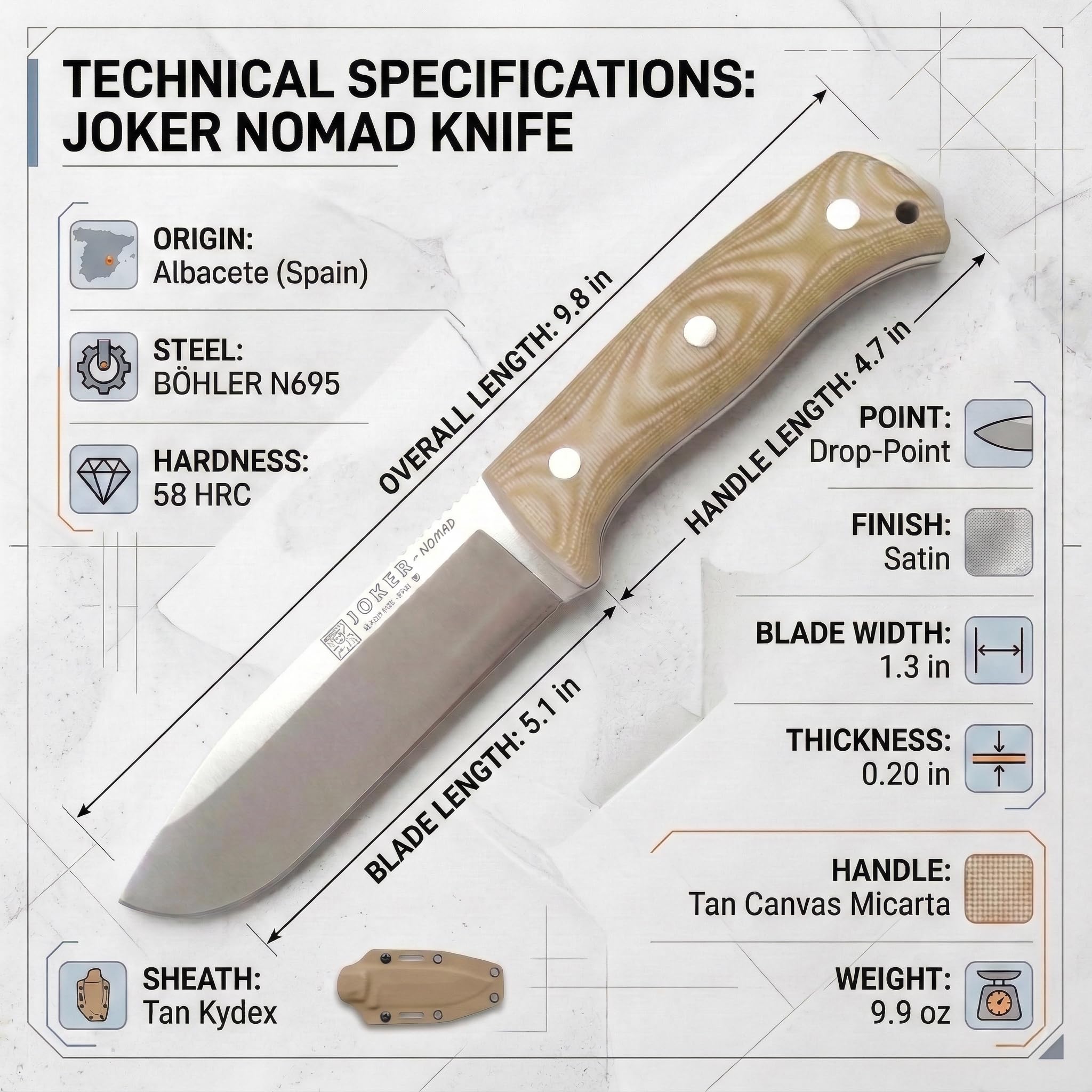 Joker Nomad Outdoor-Messer mit Böhler N695 Stahl, Micarta-Griff und Kydexscheide, feststehendes Bushcraft Messer für Camping, Trekking, Wandern und Outdoor Aktivitäten (13 cm, Ohne Feuerstarter)