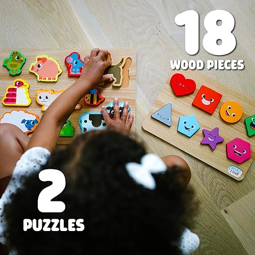 Miniatura 2 de Chuckle & Roar - Rompecabezas de madera con formas y animales, paquete de 2 - Rompecabezas preescolar para niños pequeños a partir de 3 años - Juego