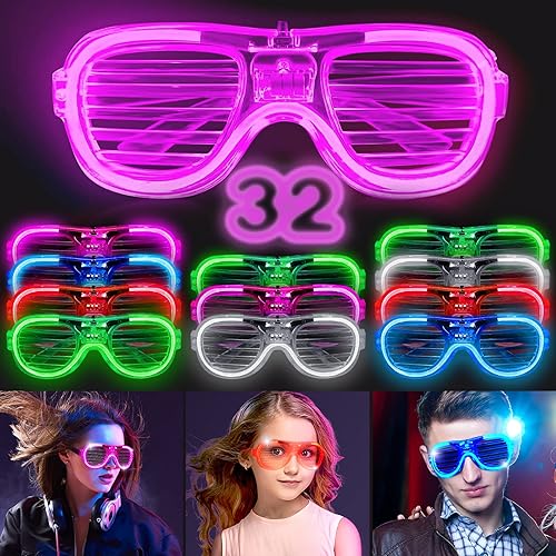 Paquete de 32 lentes con luz  Gafas LED que brillan en la oscuridad, suministros de fiesta, recuerdos de fiesta, 5 colores neón, 3 modos