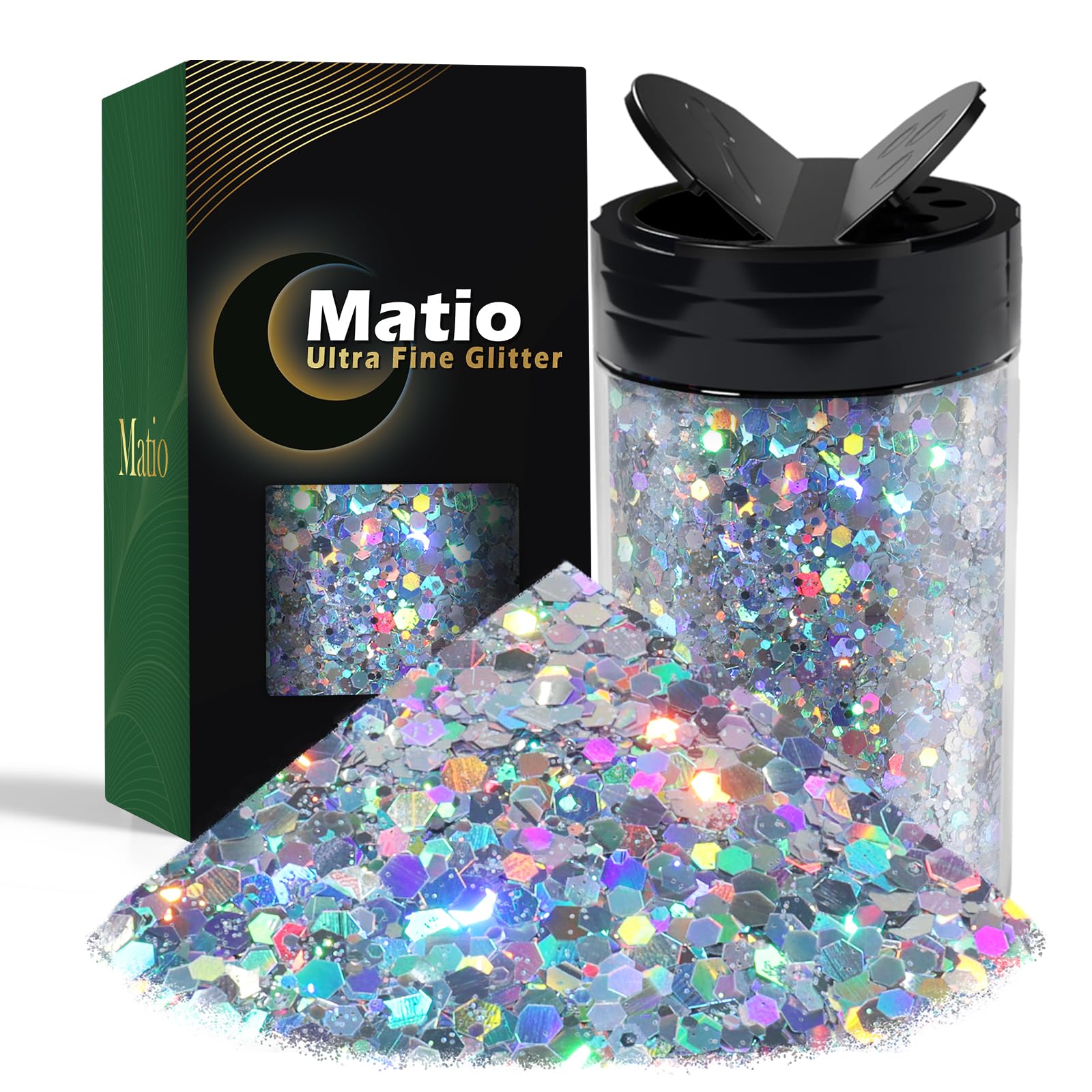Matio Holographic Chunky Glitter, 7.8oz/220g Silver Craft Glitter for Resin Chunky Nail Flake Sequin Mixed Fine Glitter Powder Bulk Holographic