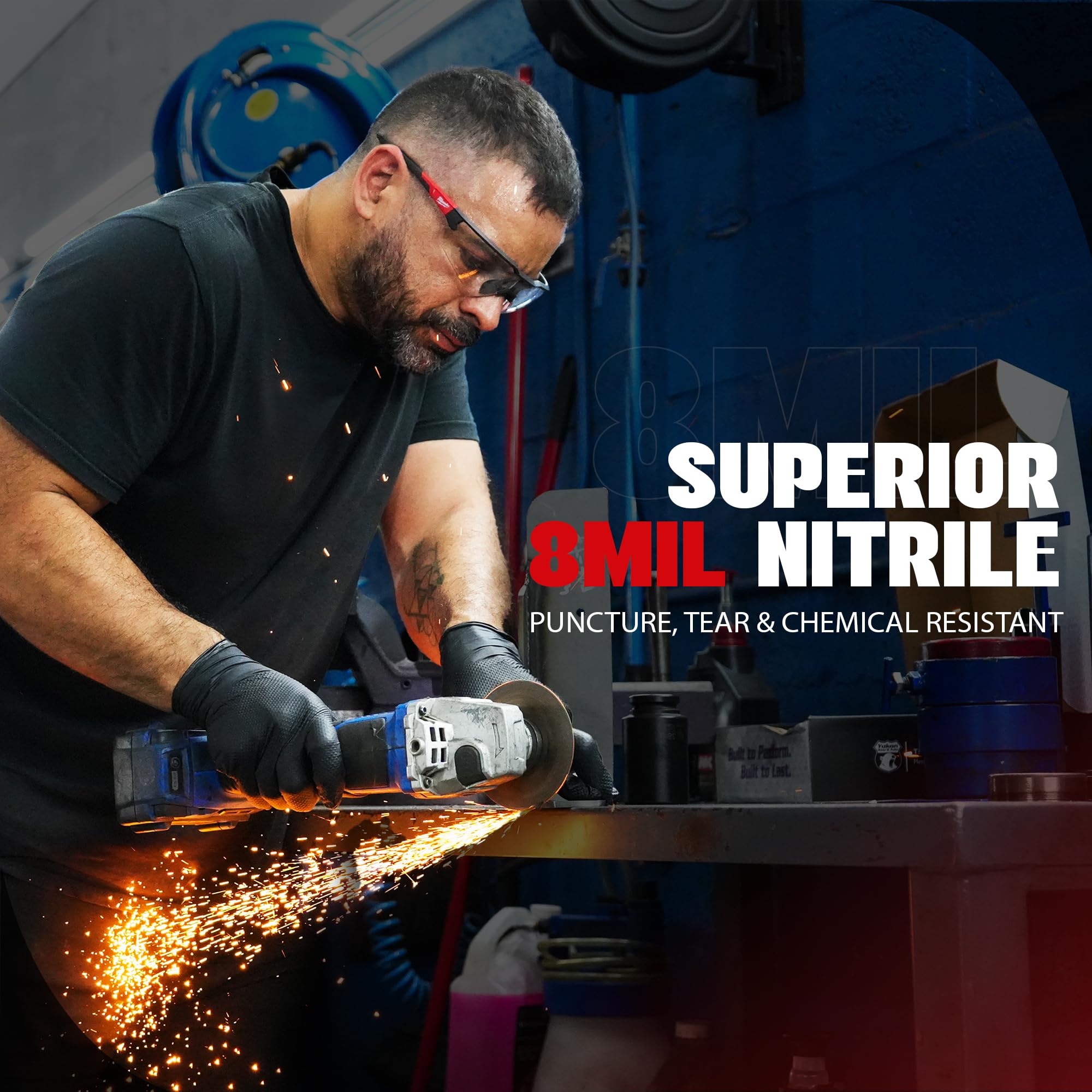 GRIPXX Guantes de nitrilo negros de 8 mm – Muy resistentes, textura de diamante en relieve 3D – Sin látex y sin polvo – Industrial, mecánico, servicio de alimentos – Guantes desechables para tareas