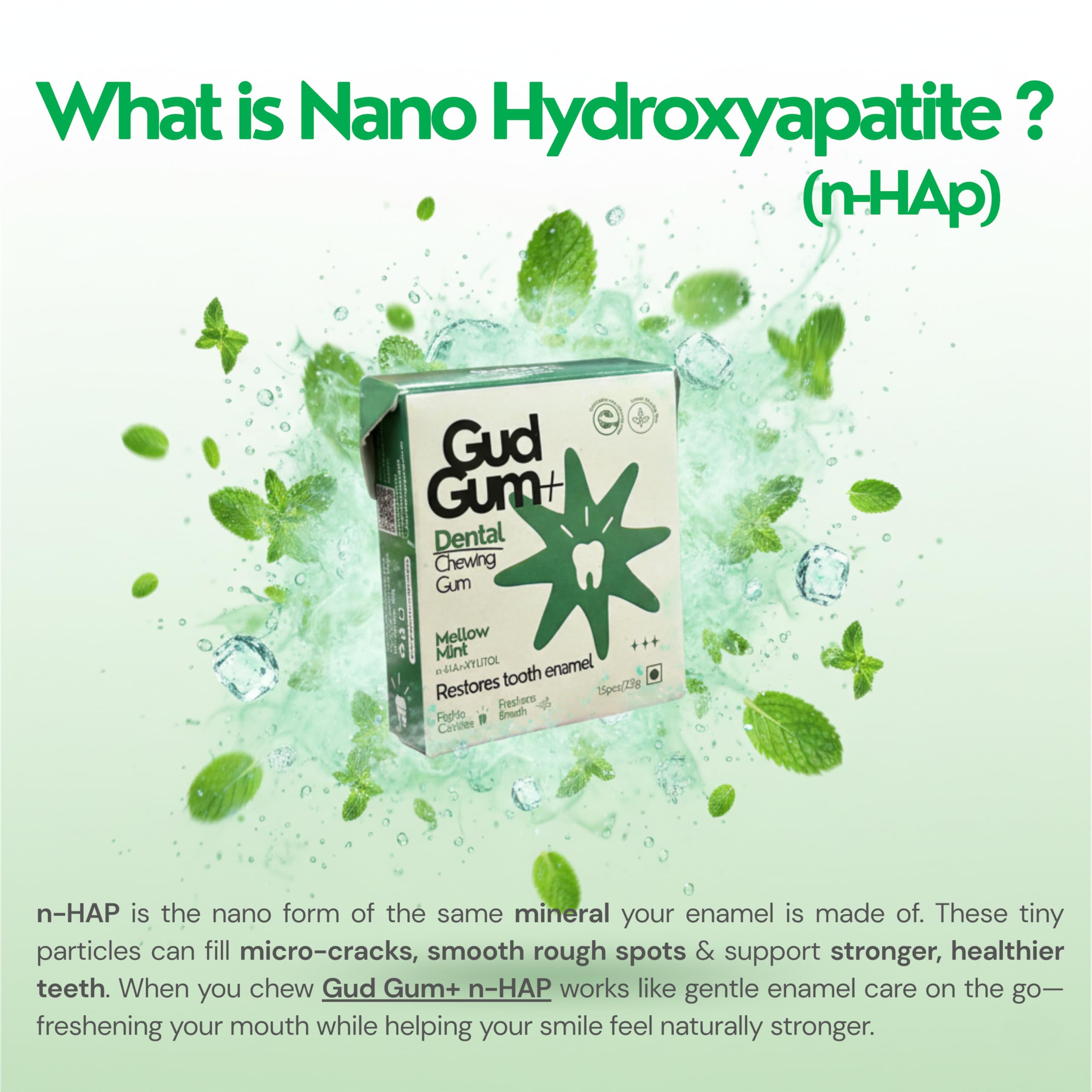 Gud Gum Remineralizing Gum with Nano-Hydroxyapatite & Xylitol – Sugar-Free Chewing Gum for Fresh Breath & Oral Health – Tree Sap Base, Aspartame-Free, Gluten-Free – Natural Mellow Mint, 2 Pack - Image 2 thumbnail