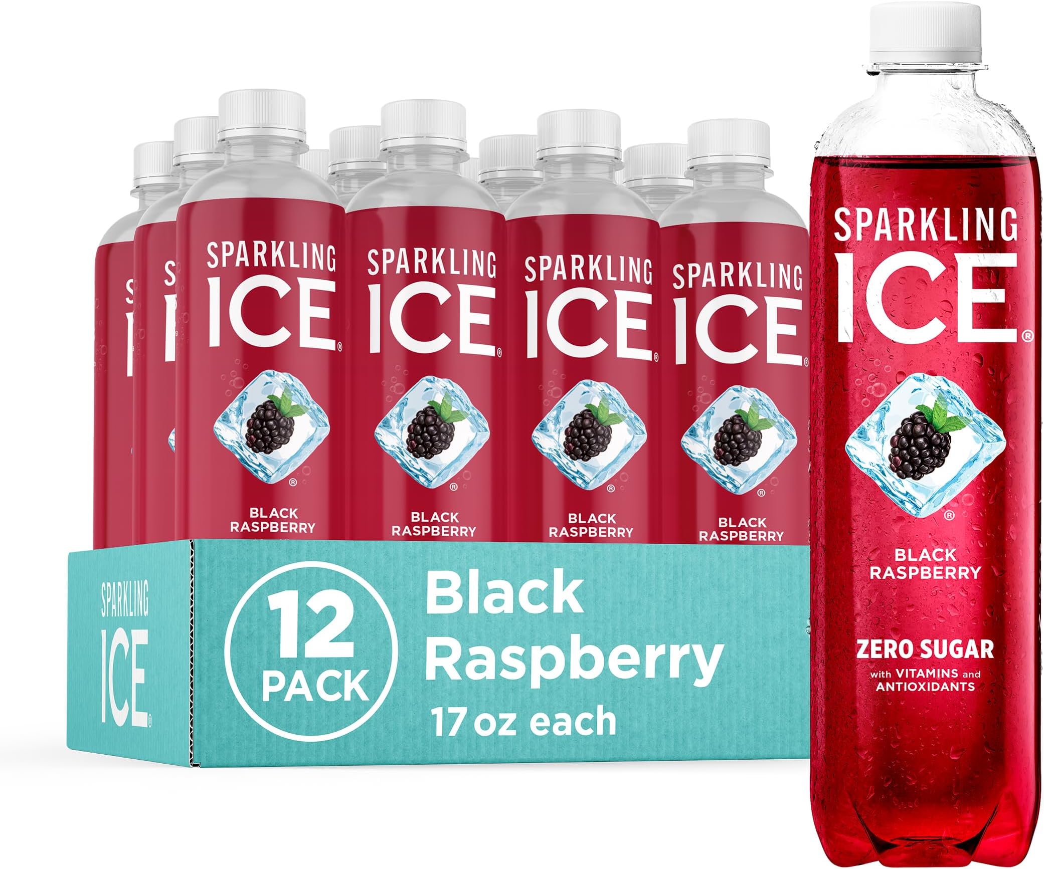 Sparkling Ice, Black Raspberry Sparkling Water, Zero Sugar Flavored Water, with Vitamins and Antioxidants, Low Calorie Beverage, 17 fl oz Bottles (Pack of 12)