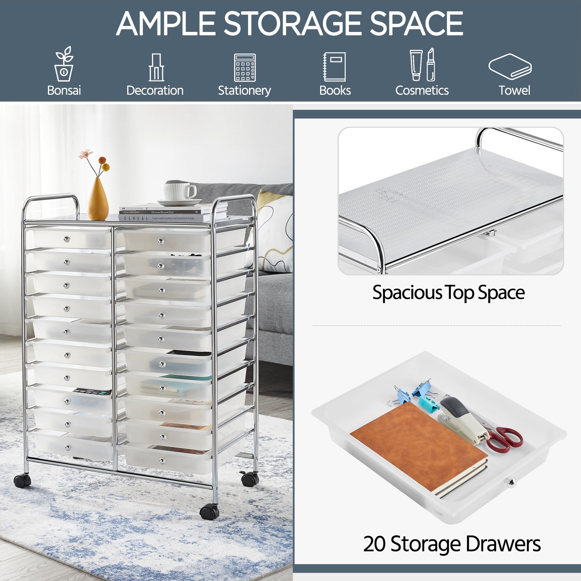Carrello Portaoggetti Stoccaggio con Ruote 20 Cassetti Cassettiera Rimovibili Plastica per Ufficio Sala da Pranzo Cucina Dispensa Soggiorno Bagno (Bianco)