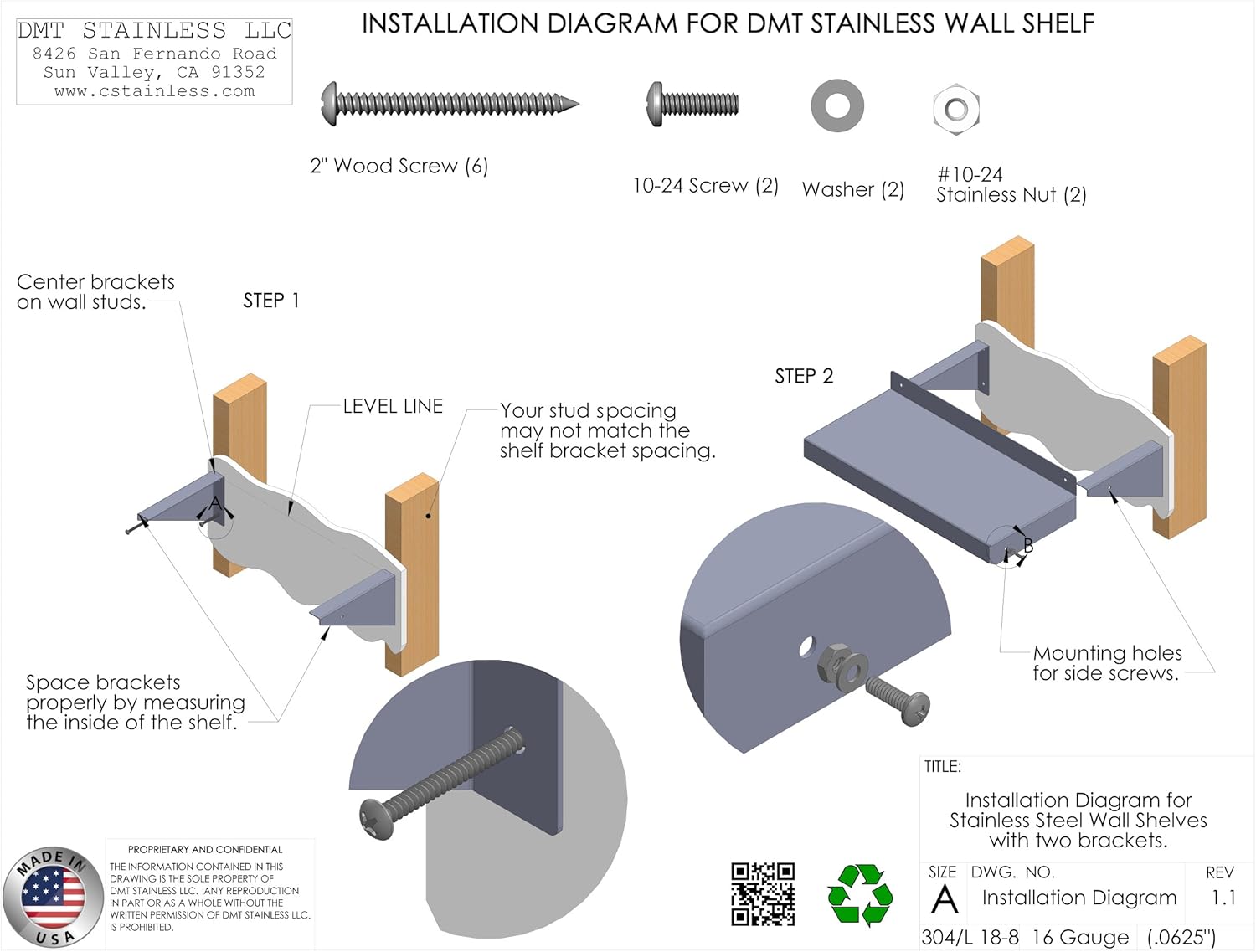 Wall Shelf. 48" X 6" Deep. Made in USA. 16 Gauge 304/L Stainless Steel. Heavy Duty.