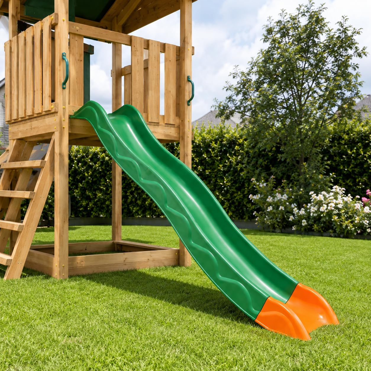 Anbaurutsche Wellenrutsche 2,15 m Grün mit orangem Sicherheitsauslauf – Kunststoff Kinderrutsche für Podesthöhe 1,0 m – stabile Gartenrutsche mit hohen Seitenwänden für Spielturm & Klettergerüst