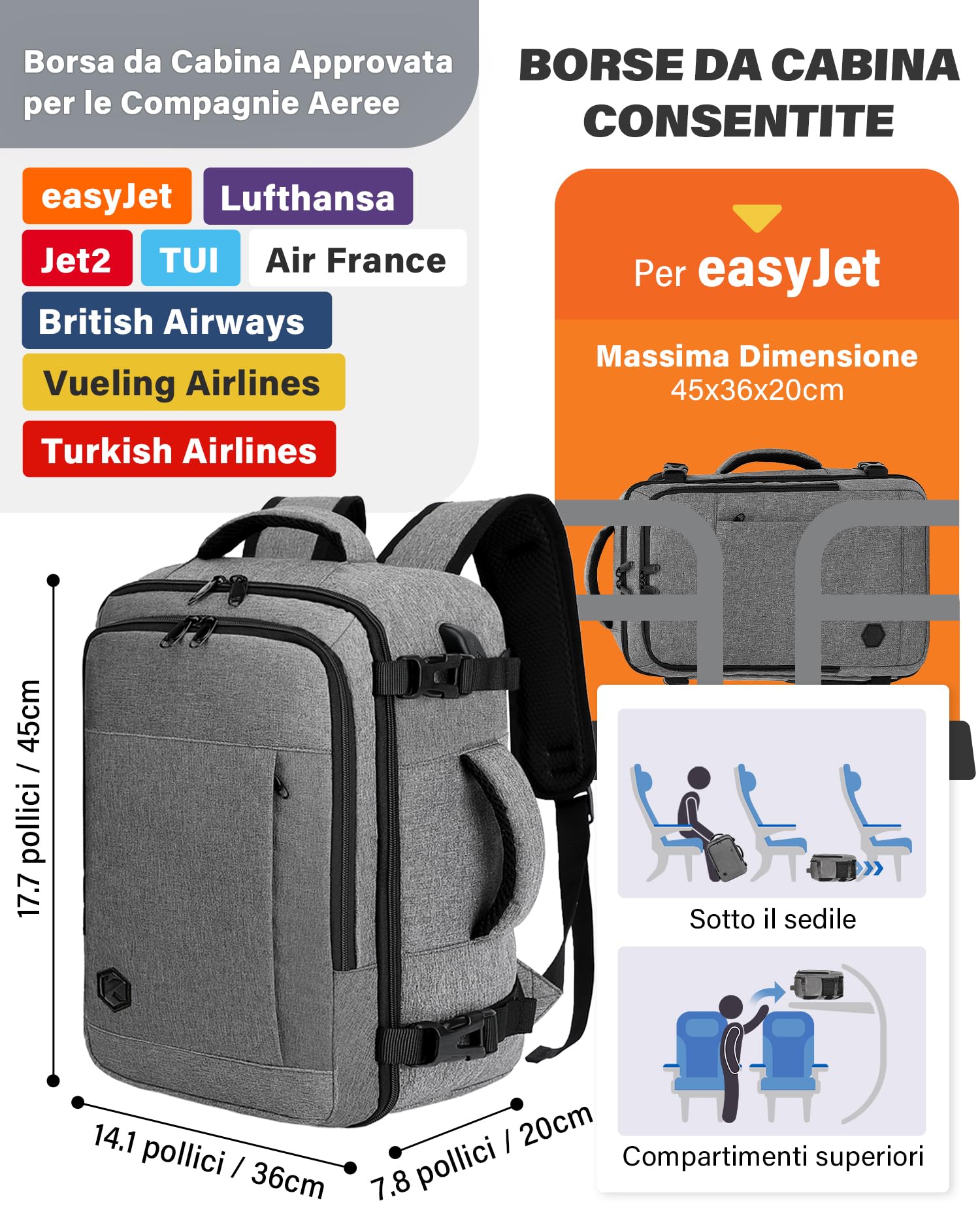 VANKEV Zaino Easyjet 45x36x20 Zaino da Viaggio Aereo Bagaglio a Mano 30L Donna Uomo per PC Portatili 15.6 Pollici per Scuola Lavoro Trekking Grigio Chiaro