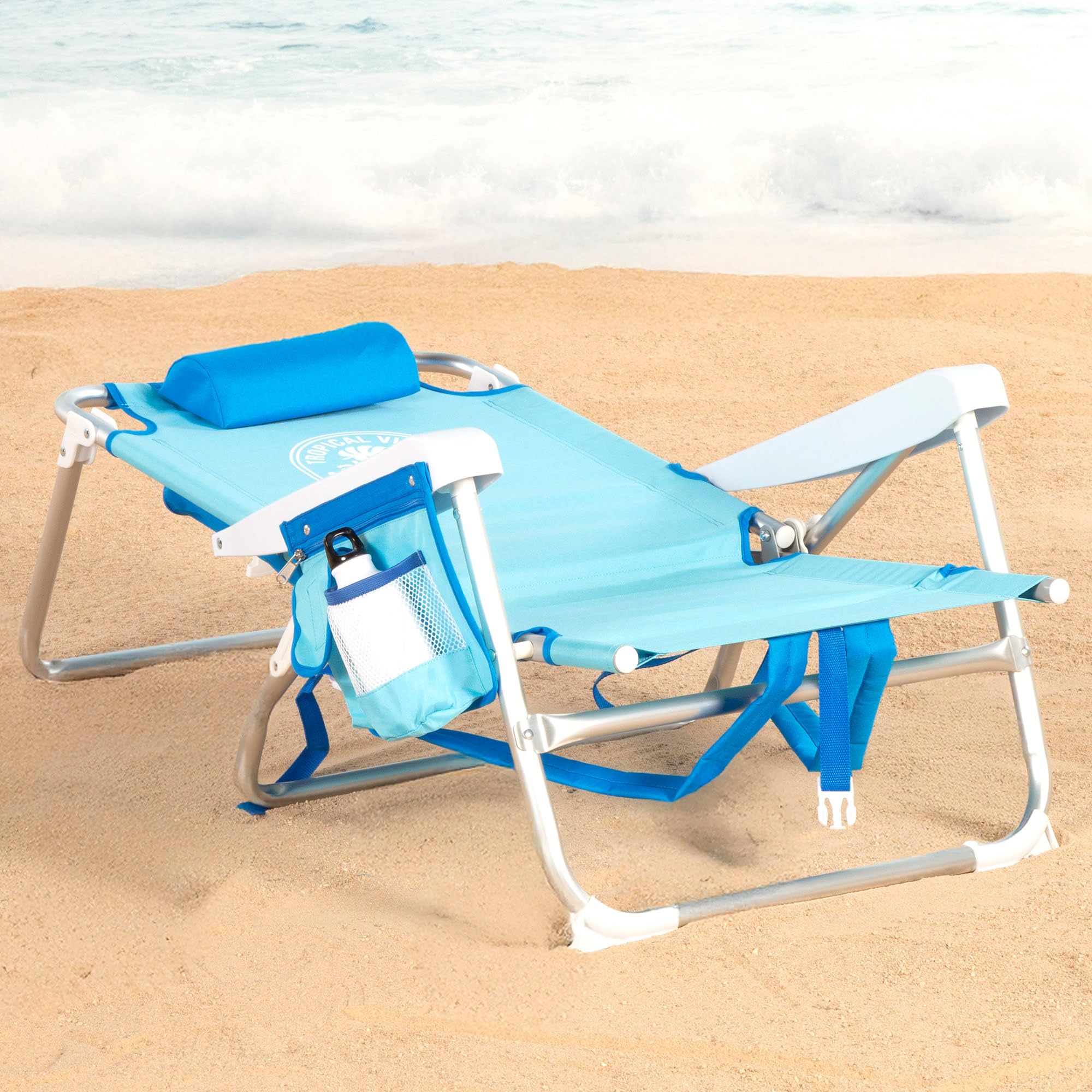 AKTIVE Silla de playa con mochila, 50x54x80 cm, Silla de playa multiposición, Silla plegable, hasta 110 kg, Azul, 5 posiciones, Convertible en tumbona (62510)