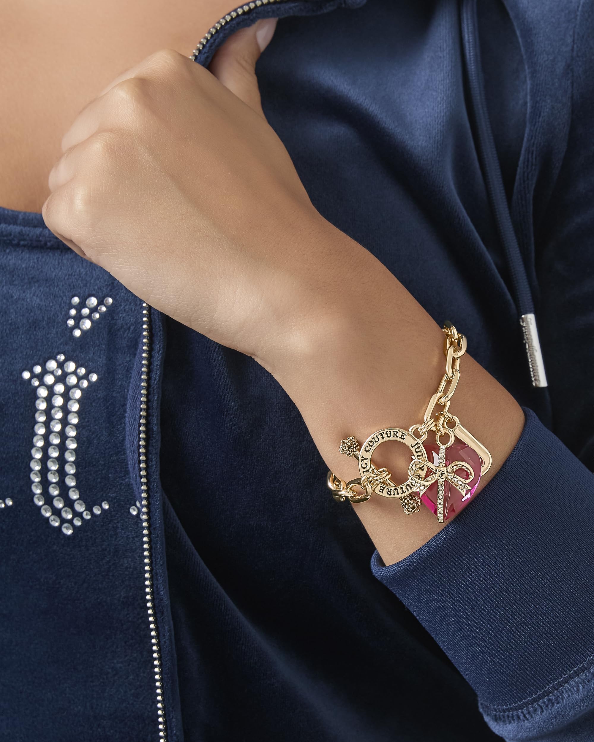 Juicy Couture Bracelet with Charms 7.5", Goldtone Toggle Bracelet for Women with Pink Stone Heart Charm, Y2K Jewelry