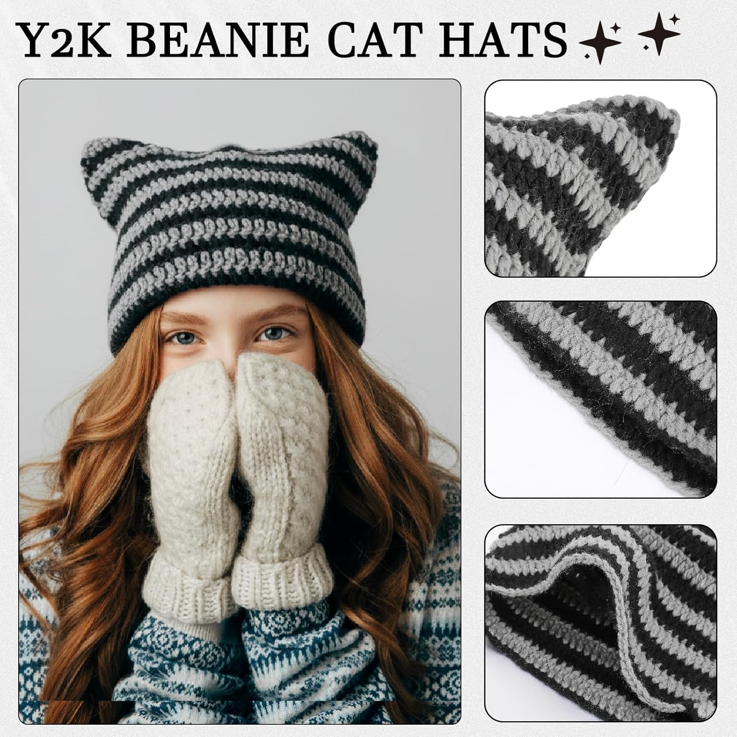 Y2K Striped Crochet Beanie Hats Set Cat Beanie Accessories with Arm and Leg Warmers Necklaces Star Earrings for Women - Image 4