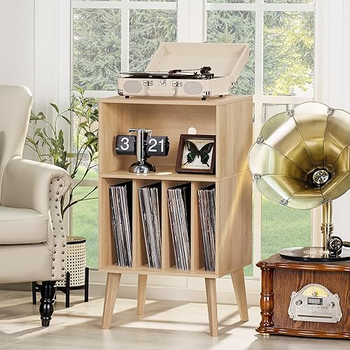 Miniatura 2 de Lerliuo Burlywood - Soporte para tocadiscos con capacidad para hasta 160 álbumes, mesa de gabinete de almacenamiento de vinilo de mediados de siglo