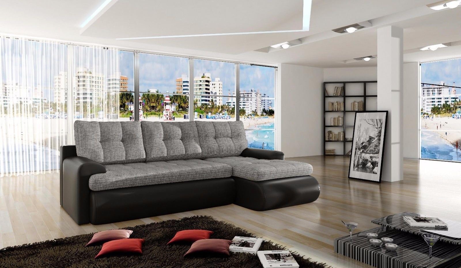 Anika Corner Sofa Bed with Underneath Storage in Grey and White or Grey and Black (Black Right)