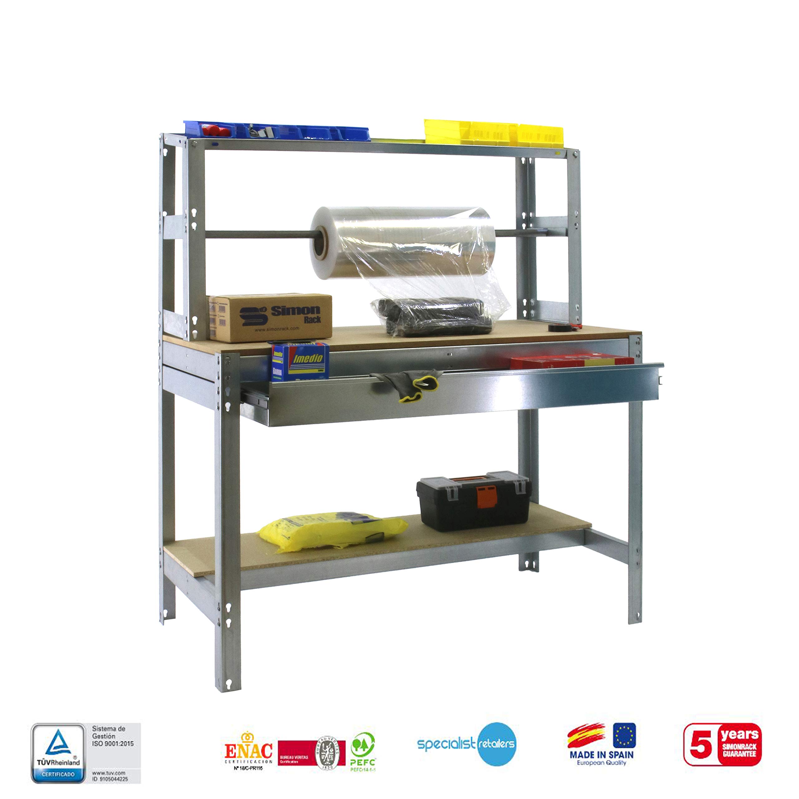 Simon Rack Banco de Trabajo con Porta Rollo y cajón 910x760 mm - BT4 | Tablero madera 16 mm, Capacidad Carga 400 kg, Galva , Pintura anticorrosión, Montaje sistema clic