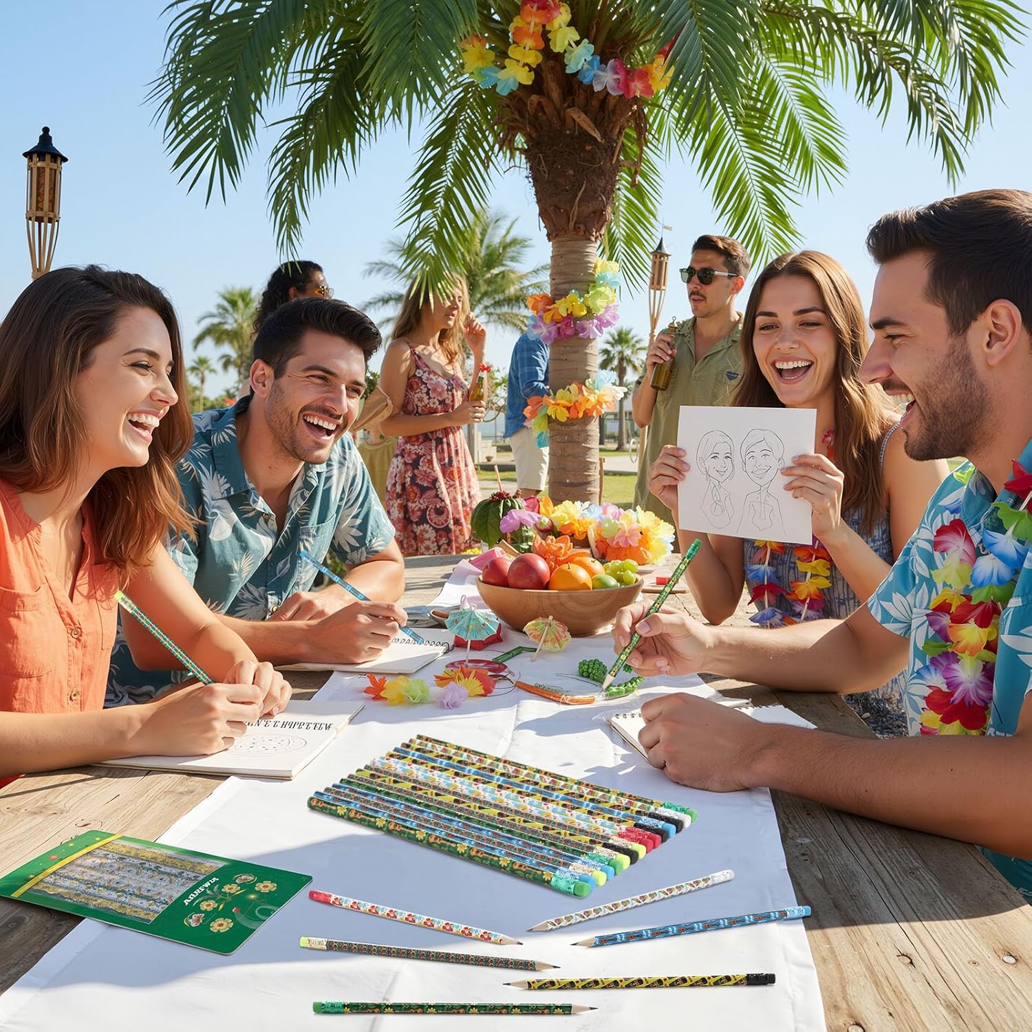 Tenceur 200 Pcs Colorful Pencils with Top Erasers Hawaiian Themed Wooden Pencil with Printed Patterns for Teachers Classroom Reward Birthday Carnivals Gifts Supplies (Luau Style)