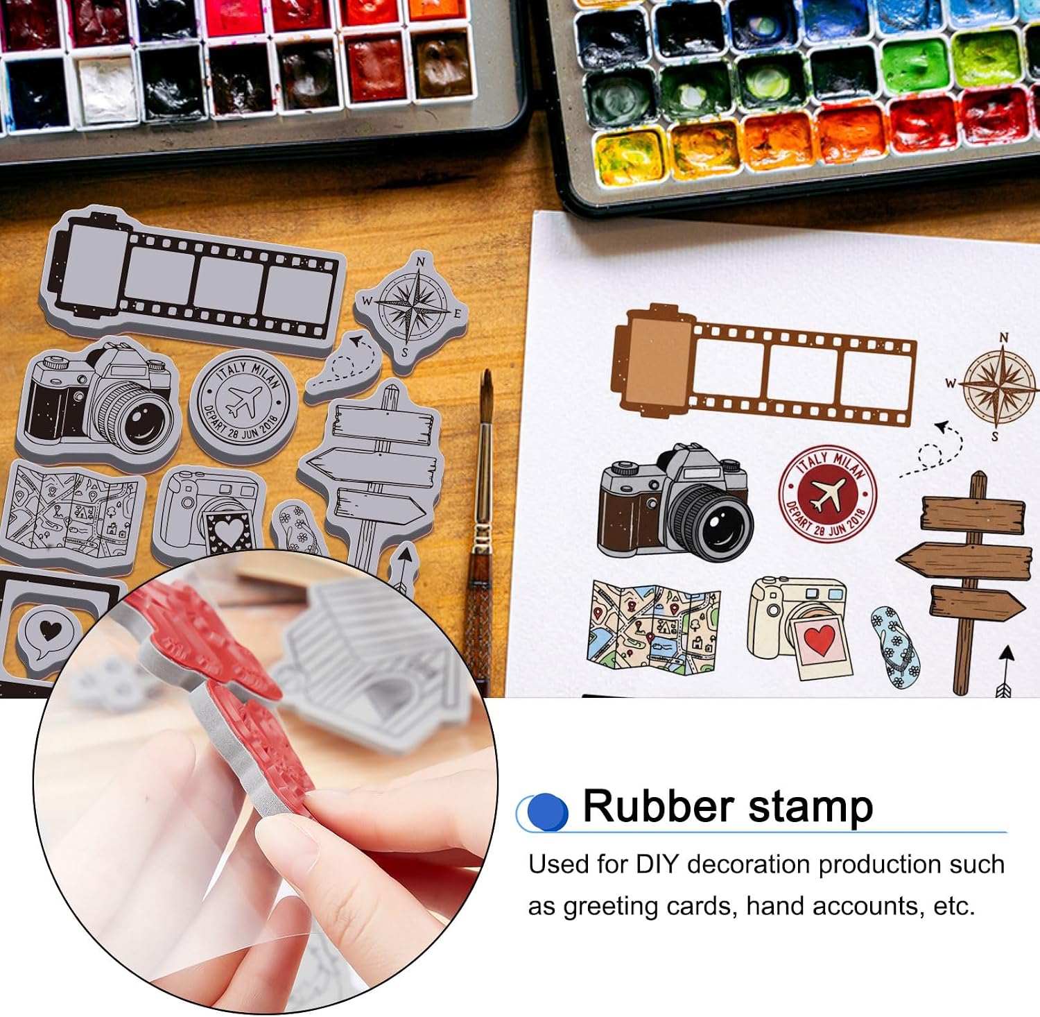 GLOBLELAND Travel Diary Camera Cling Rubber Stamp 8.66x7inch Film Reel EVA Cling Mount Stamps Vintage Travel Postcard Rubber Stamps Set for Card Making Photo Album Decor Decoration DIY Scrapbooking