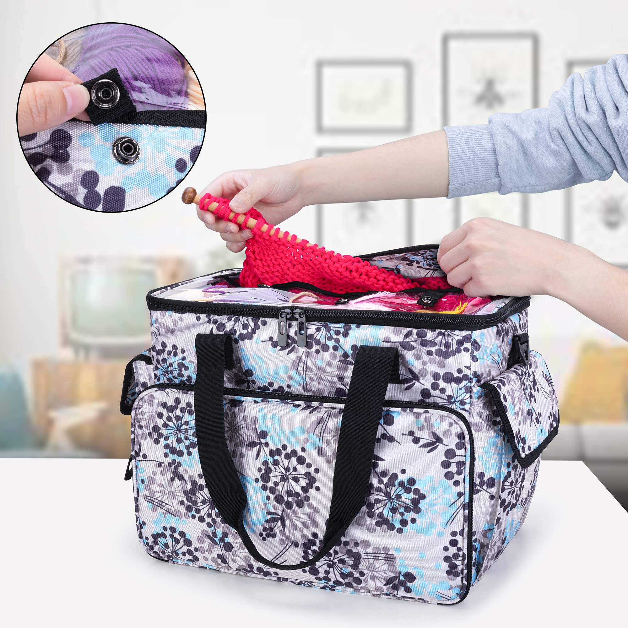 CURMIO Borsa per Lavoro a Maglia con Coperchio Trasparente, Dente di Leone | Organiser per Aghi / Uncinetto/ Ferri, Scomparti Multipli, 4 Occhielli, Tracolla Rimovibile, Senza Accessori Inclusi