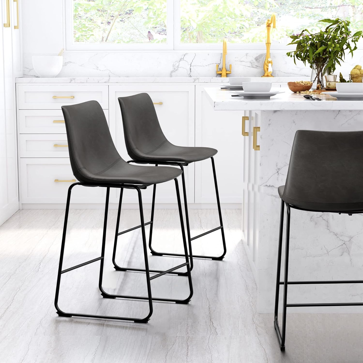 NicBex Retro Bar Stools Crazy-Horse Leather with Metal Legs Barstools, Lounge Kitchen Island Counter Stools, Set of 2, (Grey Color) (A-GE17019-USSU014)