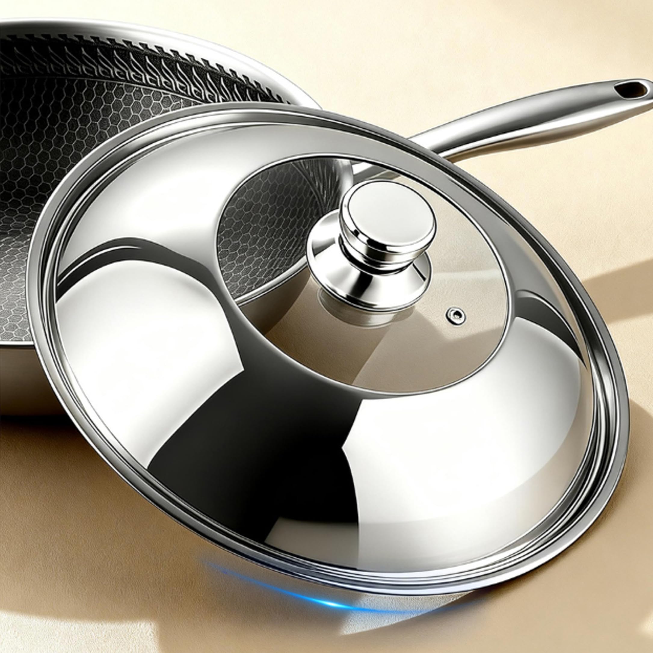 Copertura per Wok, copertura per imbastitura in acciaio inossidabile 304 a cupola alta, coperchio per Wok adatto a pentole interne da 32-33, 5 cm, argento