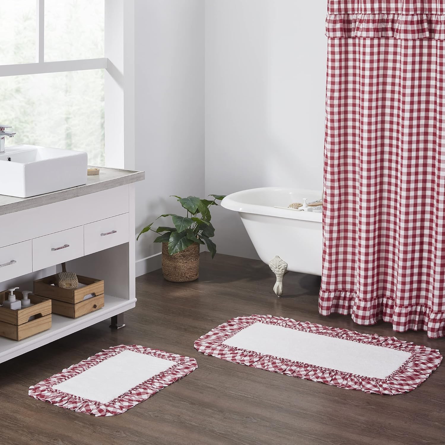 VHC Brands Annie Buffalo Check Bath Mat Farmhouse Ruffled Country Checkered Gingham Bathroom Decor, Red, 20x30