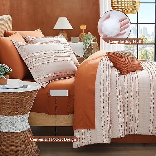 Miniatura 6 de WRENSONGE Juego de edredón bohemio de tamaño matrimonial, color naranja quemado, 8 piezas, terracota en una bolsa, acogedor juego de ropa de cama de