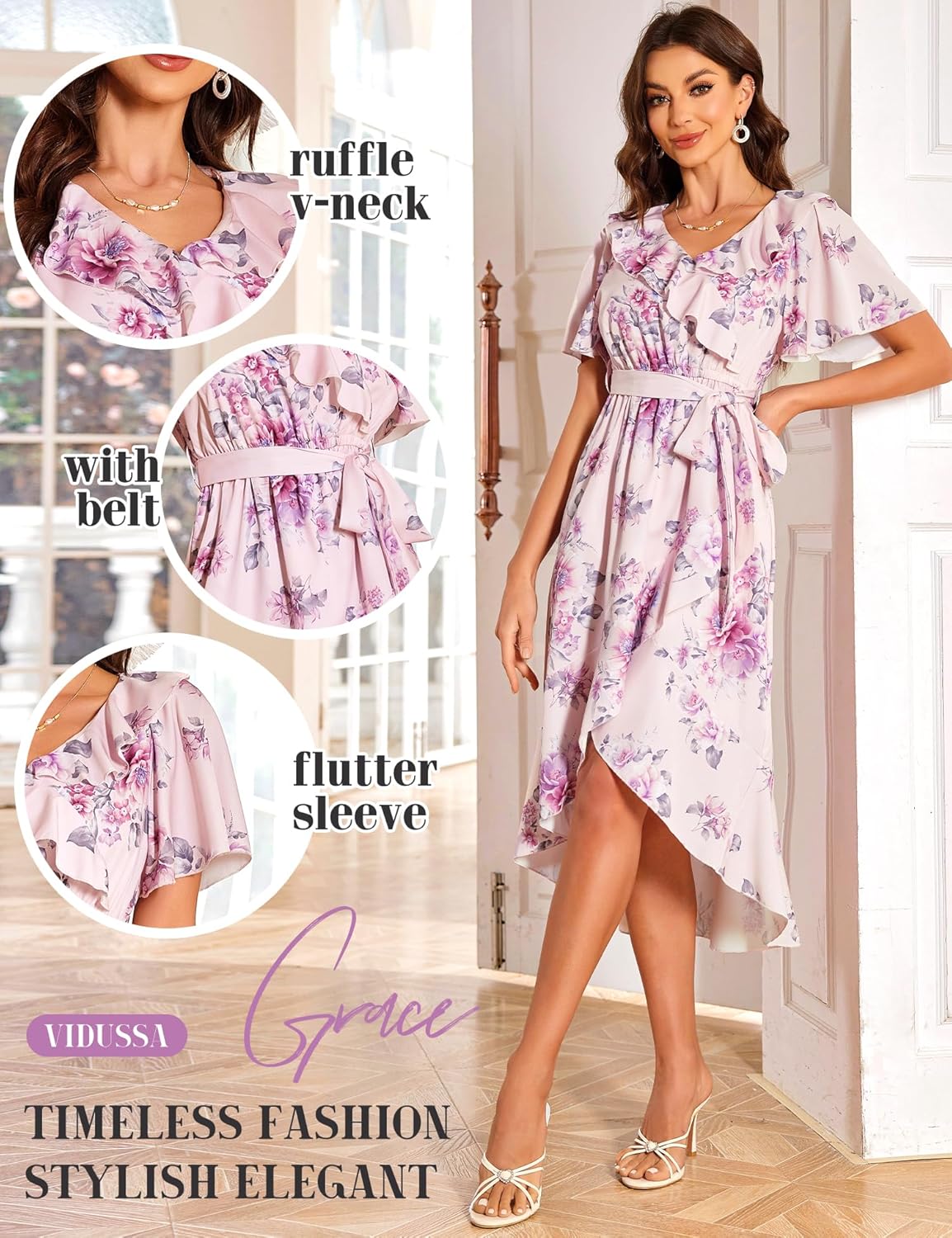 VIDUSSA Summer Floral Dress for Women - Boho V Neck Flutter Short Sleeve Belted Ruffle A-Line Flowy Midi Long Sun Dresses - Image 4