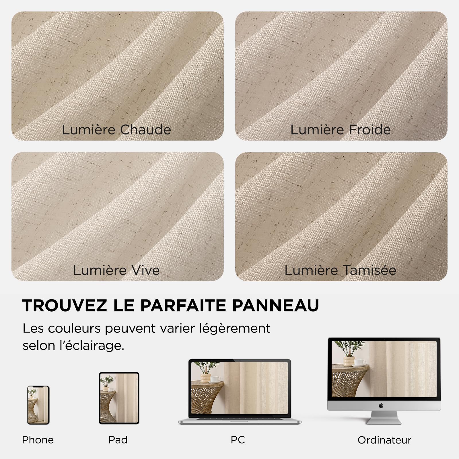 Joydeco Rideau Voilage Lin Naturel avec Galon Fronceur sur Rail 140x245cm 2 Panneaux, Rideaux Voilages Semi-Transparent Hauteur 245cm pour Decoration de Porte-fenêtre Chambre Salon, Beige