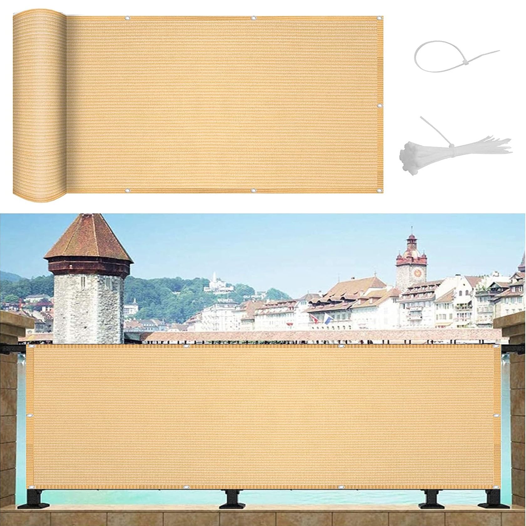GLDYTVF Balustrade Posts 80x650cm UV Protection Sunshade Fence Anti Peeping Sand Yellow Shade Fabric with Rope for Balcony & Backyard Deck Outdoor Privacy Solutions