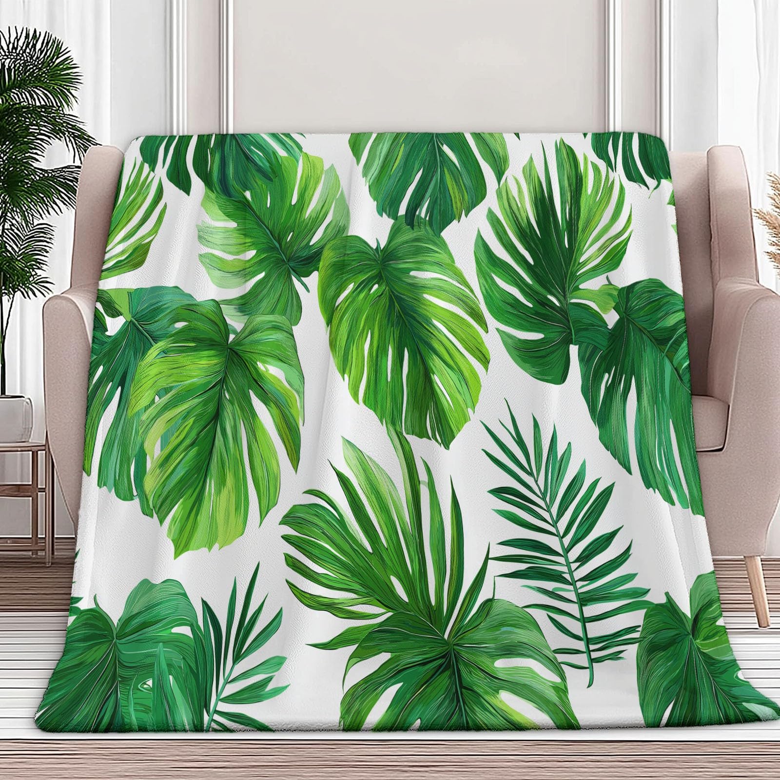Coperta Plaid Pile in Flanella 180x220 cm Coperta Pile Piccola Tema Tropicale Verde Foglie, Morbida Soffice Calda Coperte per Divano Singolo Matrimoniale Letto Bianco