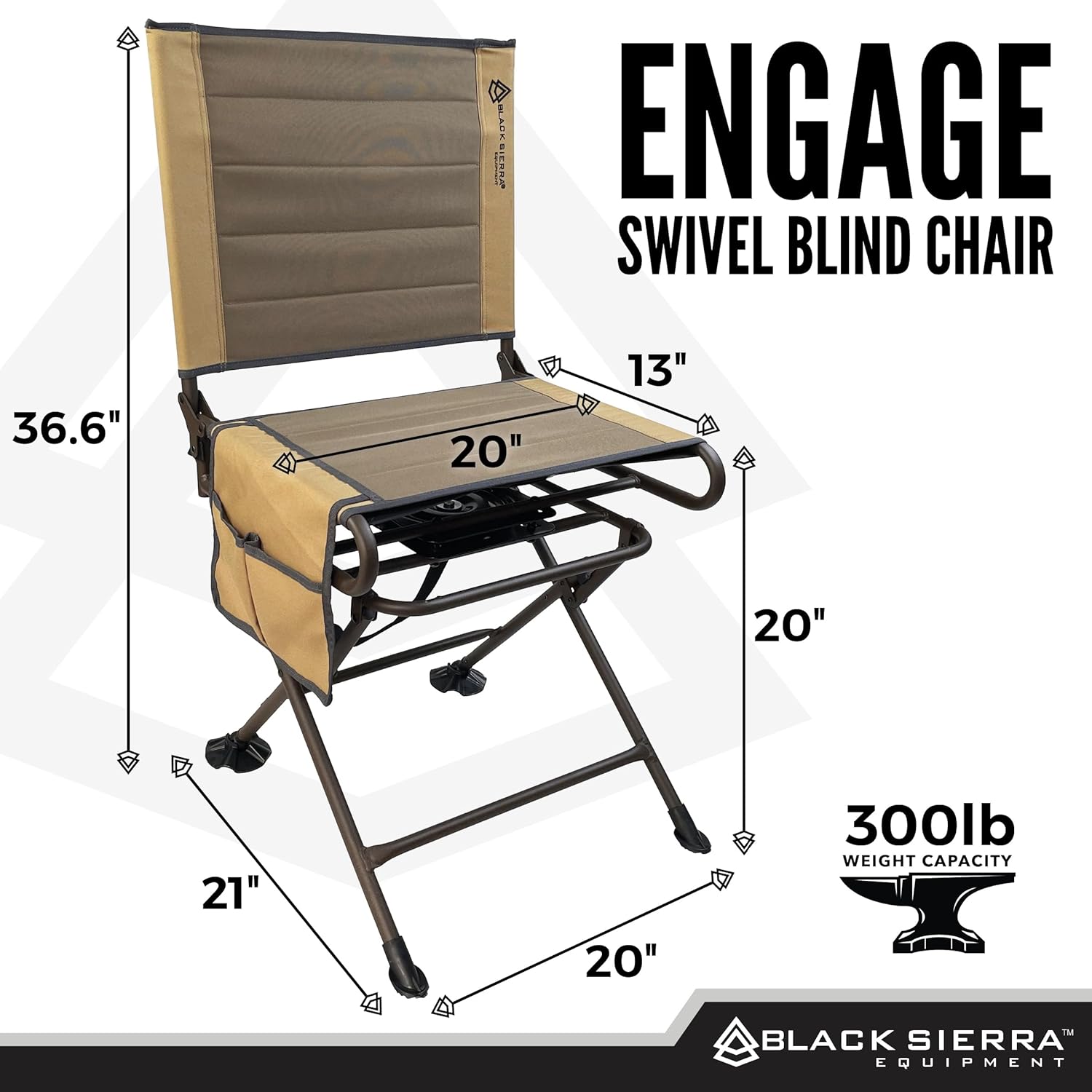 Black Sierra Silent 360° Swivel Hunting Chair with Steel Frame, Supports 300 LBS, Portable Luxury Armless Hunt Seat, Heavy Duty Stealth Spin w/All Terrain Duck Feet