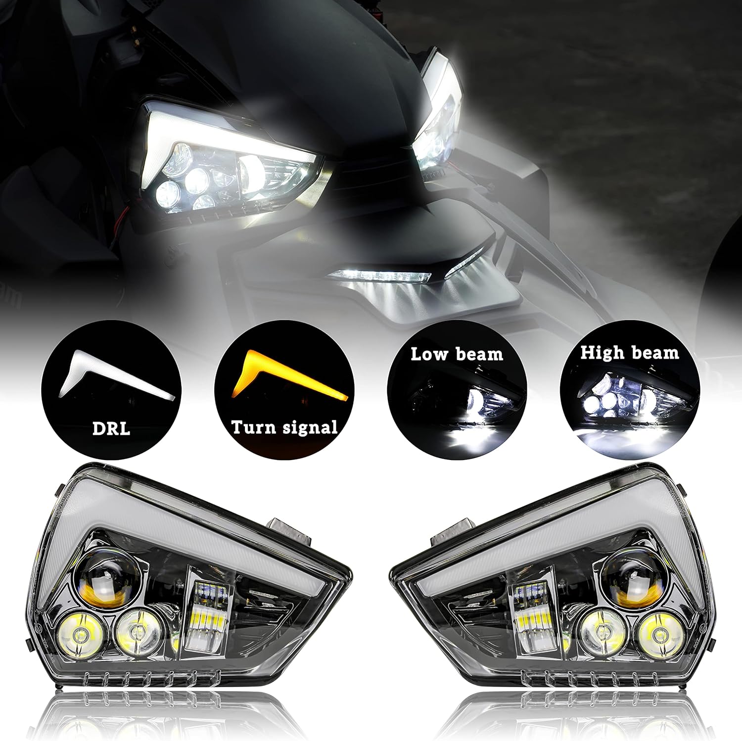 2PCS LED Headlights Assembly for Can Am Ryker, SAUTVS LED Head Lights Front Lamps with High-Low Beams DRL Turn Signal Light for Can-Am Ryker Accessories