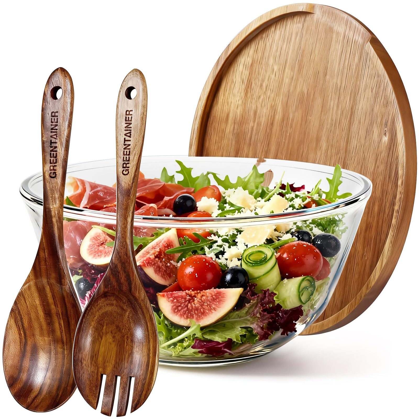 Greentainer Glass Salad Bowl with Wood Lid as Cheese Charcuterie Board and Plate, Large Serving Bowl & Storage Bowl Sets with Wood Utensils - Dishwasher Safe, 4.5L