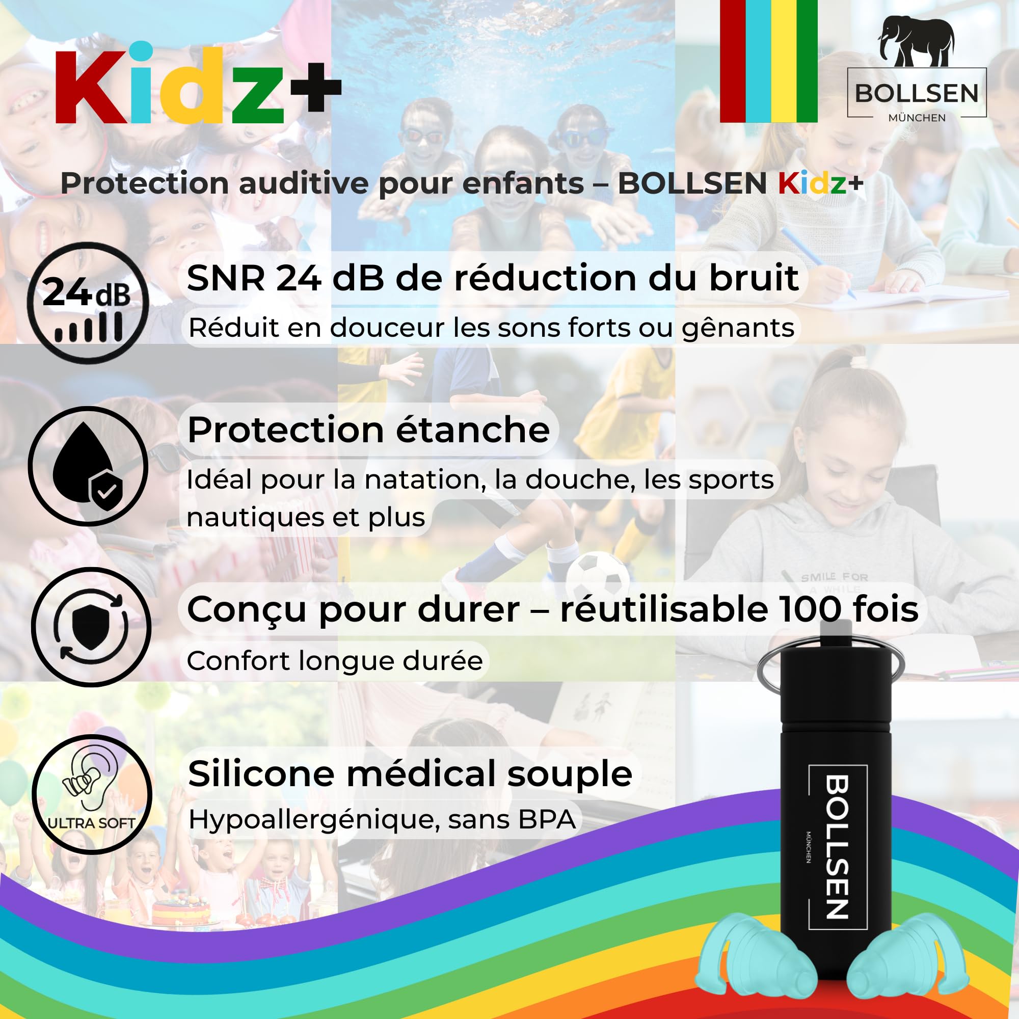 BOLLSEN Bouchons d’oreilles pour enfants – Réduction du bruit de 24 dB SNR, étanches pour la natation, le sommeil, les voyages et l’école – Réutilisables et confortables (2)