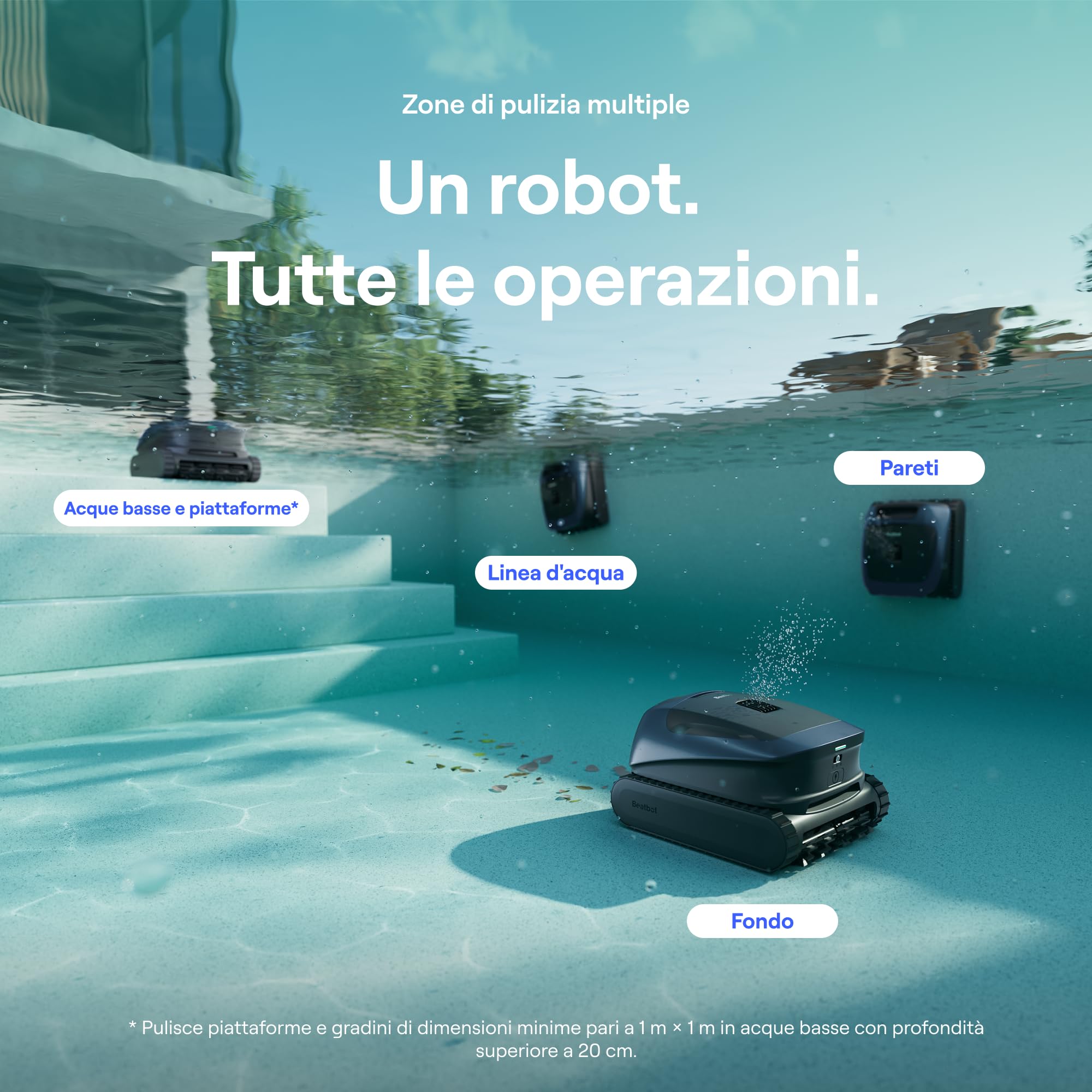 Beatbot Sora 30 Robot Piscina pareti e Fondo, Linea d'Acqua,Blu prussiano | Pareti e Fondo, Linea d'Acqua,Piattaforme,Robot Piscina Senza Fili,Parcheggio in Superficie, App, Filtrazione ultrafine, 5L