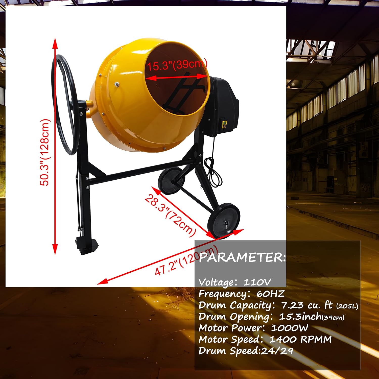 Electric Cement Mixer Tools Portable Concrete Mortar Mixing Machine Concrete Mixer, 7.23 Cu. Ft(205L), 110V, 1000W
