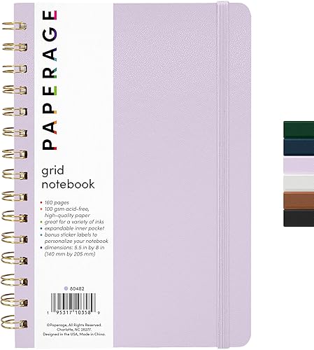 PAPERAGE - Cuaderno y diario de espiral con hojas cuadriculadas, tapa dura, 160 páginas, tamaño mediano 5.5 x 8 pulgadas, papel grueso de 100 gm,