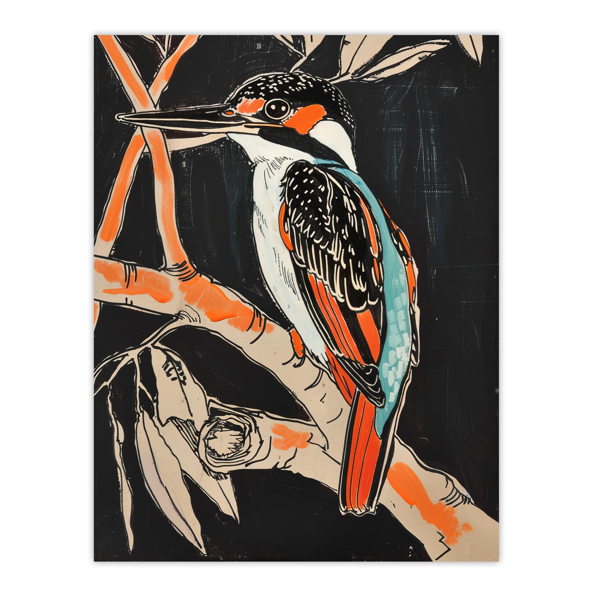 Artery8 Modernist Kingfisher Bird on Branch Black Orange Living Room Large Wall Art Poster Print Thick Paper 18X24 Inch