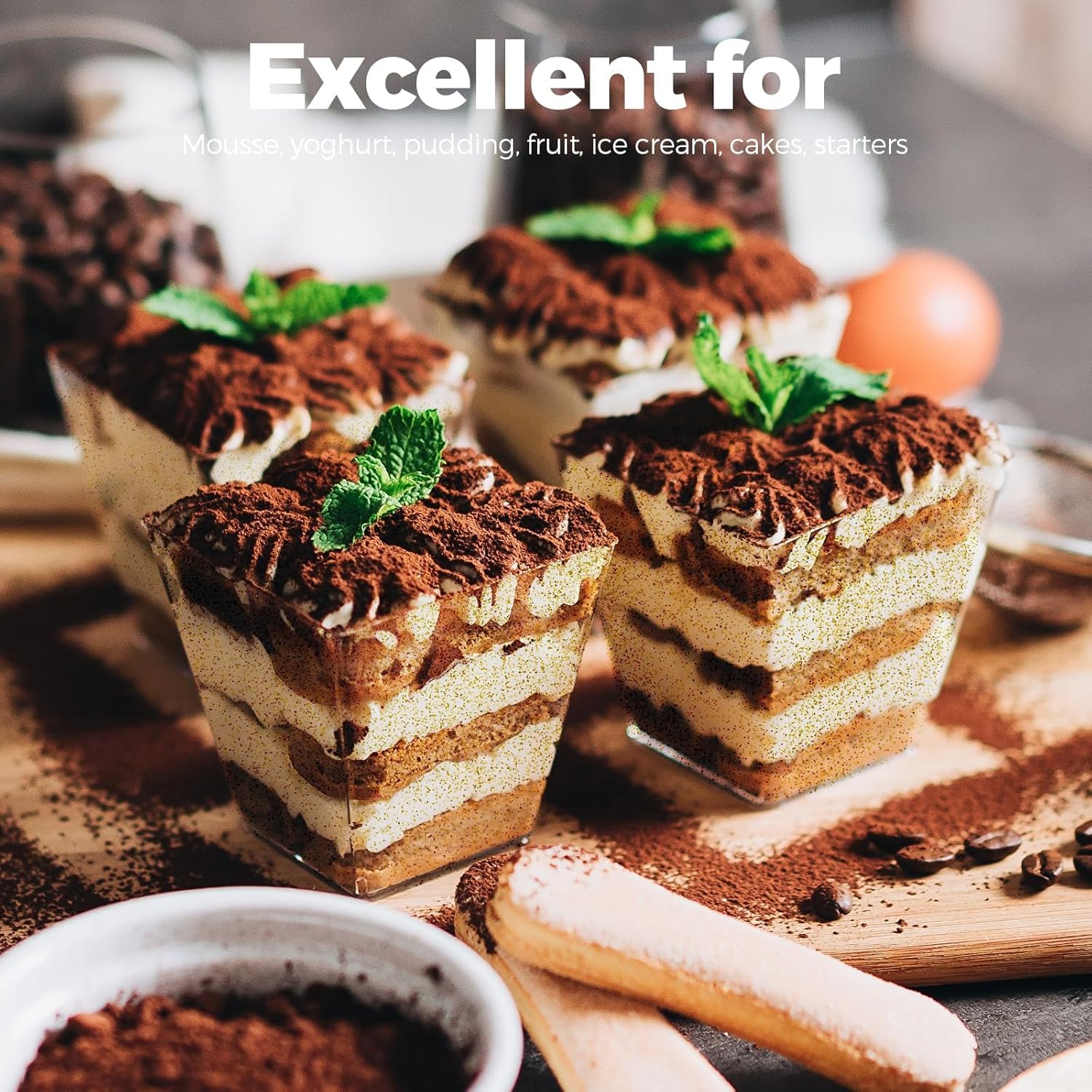 KOOSREELkubek złote kubki, 50 sztuk, 60 ml / 2 uncje, z 50 łyżeczkami, mini do deserów, wielokrotnego użytku, do pianki, tiramisu, urodziny