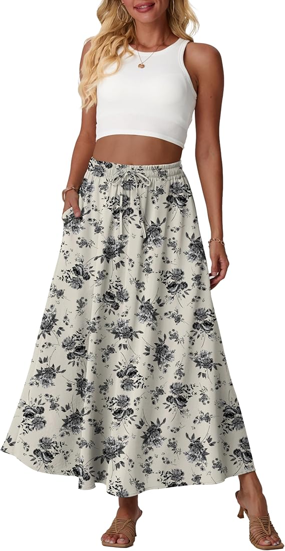 Lepunuo Women Flowy Maxi Skirts Summer Pleated Elastic High Waisted A-Line Trendy Floral Long Skirts with Pocket