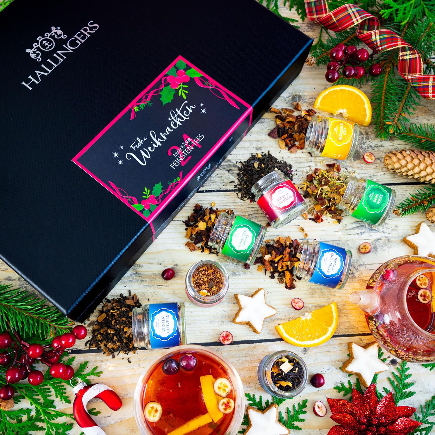 Hallingers Genuss Manufaktur Tee Weihnachts-Geschenk-Set - 24 Sorten premium loser Tee Probierset in edler Geschenkbox mit Rezept-Booklet "Frohe Weihnachten", Weihnachten für Frauen Männer